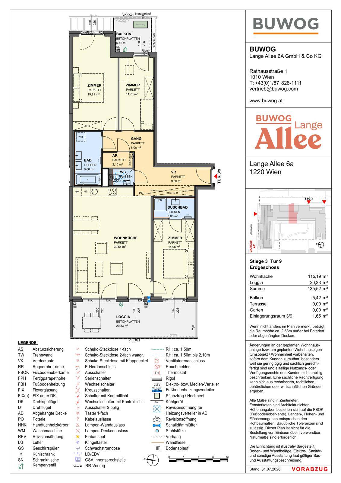 Grundriss einer modernen Wohnung mit offener Wohnküche, zwei Schlafzimmern, zwei Bädern, Loggia und Balkon.
