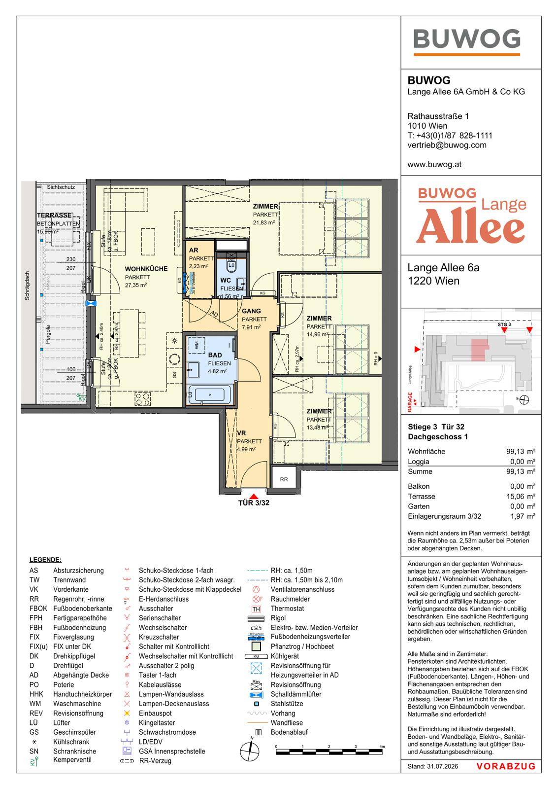 Grundriss einer Wohnung mit Wohnküche, mehreren Zimmern, Bad, separatem WC und großer Terrasse.