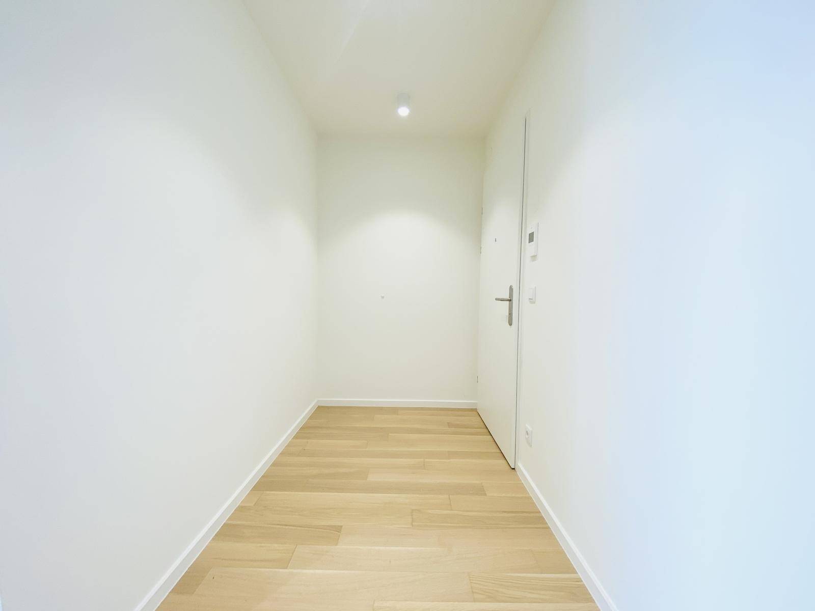 Heller Eingangsbereich mit modernem Parkettboden und weiß gestrichenen Wänden.