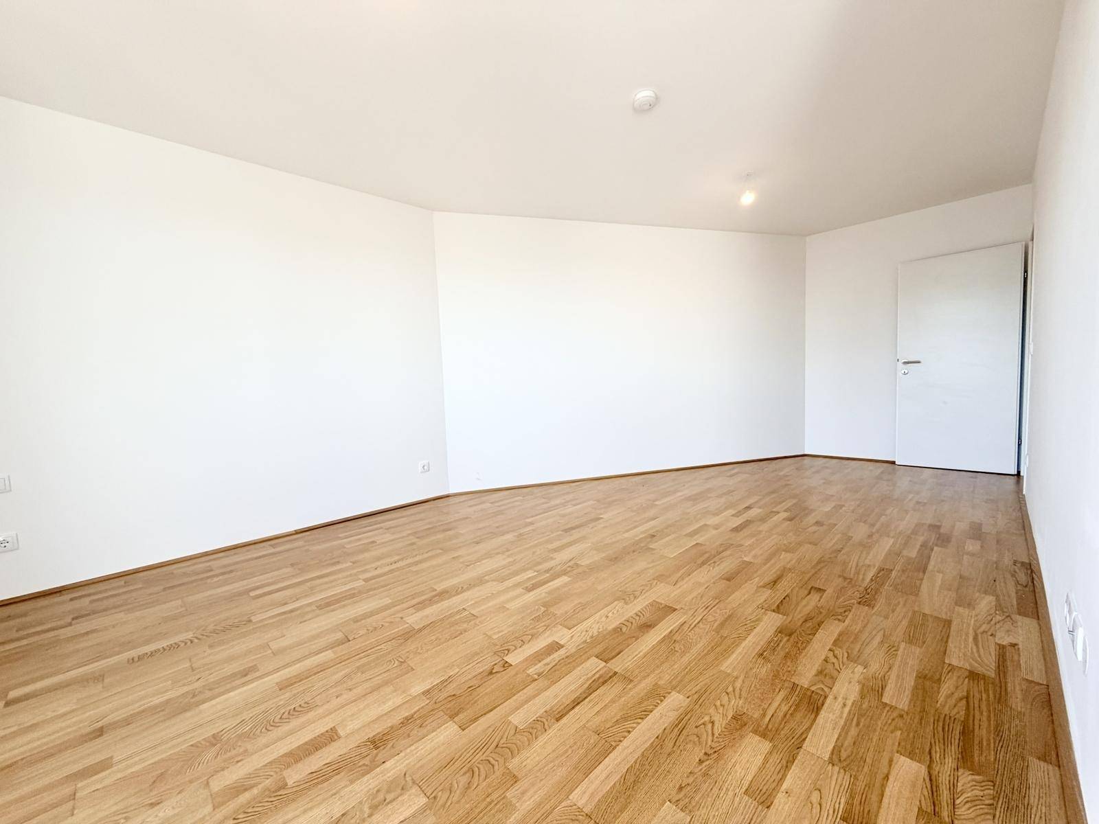 Geräumiger, heller Raum mit Holzboden und weiß gestrichenen Wänden.