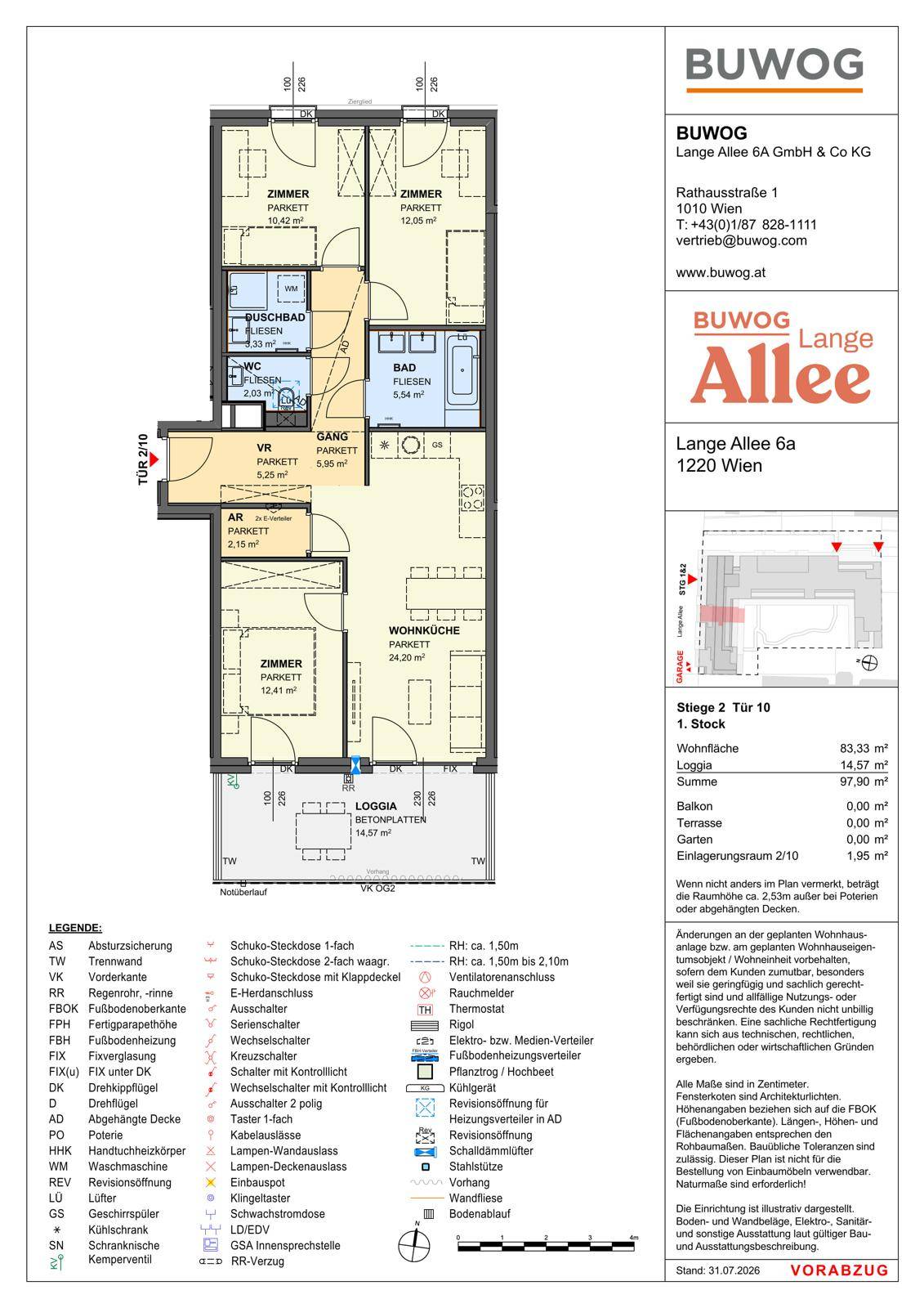 Detaillierter Grundriss einer Wohnung mit drei Zimmern, offener Wohnküche und Loggia.