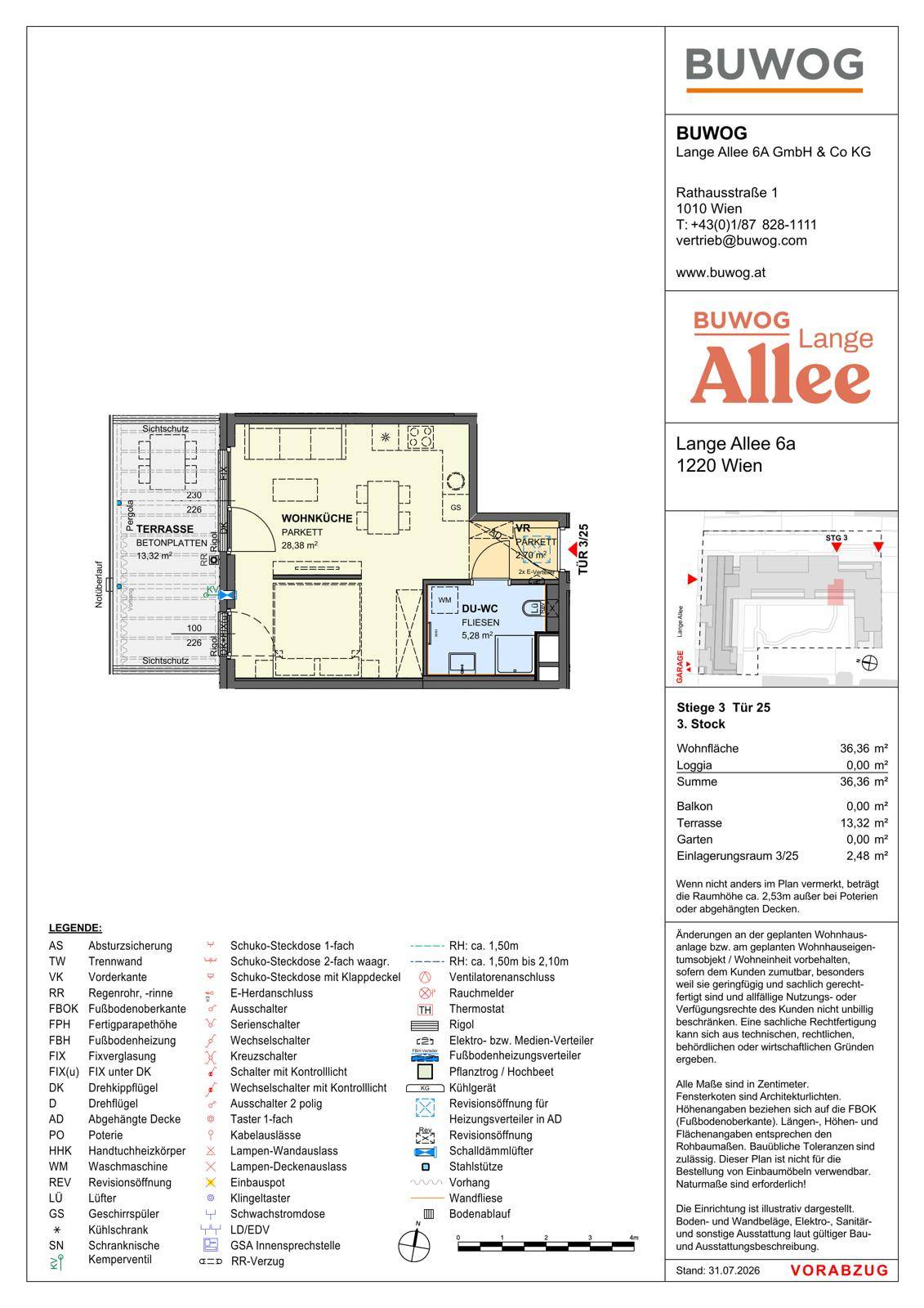 Grundriss einer modernen Wohnung mit offener Wohnküche, Duschbad und großer Terrasse.