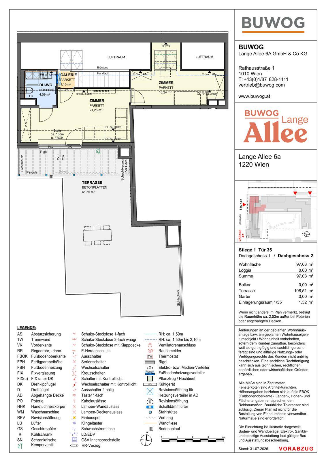 Grundriss einer Wohnung mit großer Terrasse, offenem Wohnbereich, Schlafzimmer und zwei Bädern.
