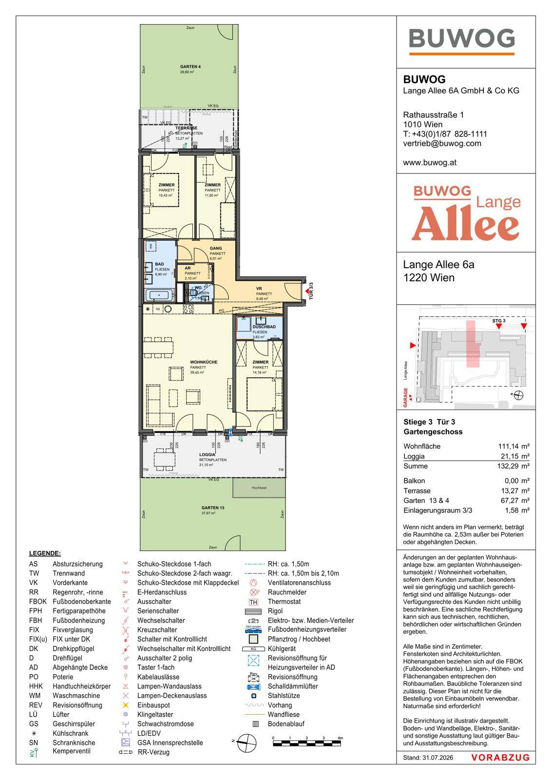 Grundriss einer Wohnung im Gartengeschoss mit Wohn-Essbereich, mehreren Schlafzimmern, Bädern, Loggia und Garten.
