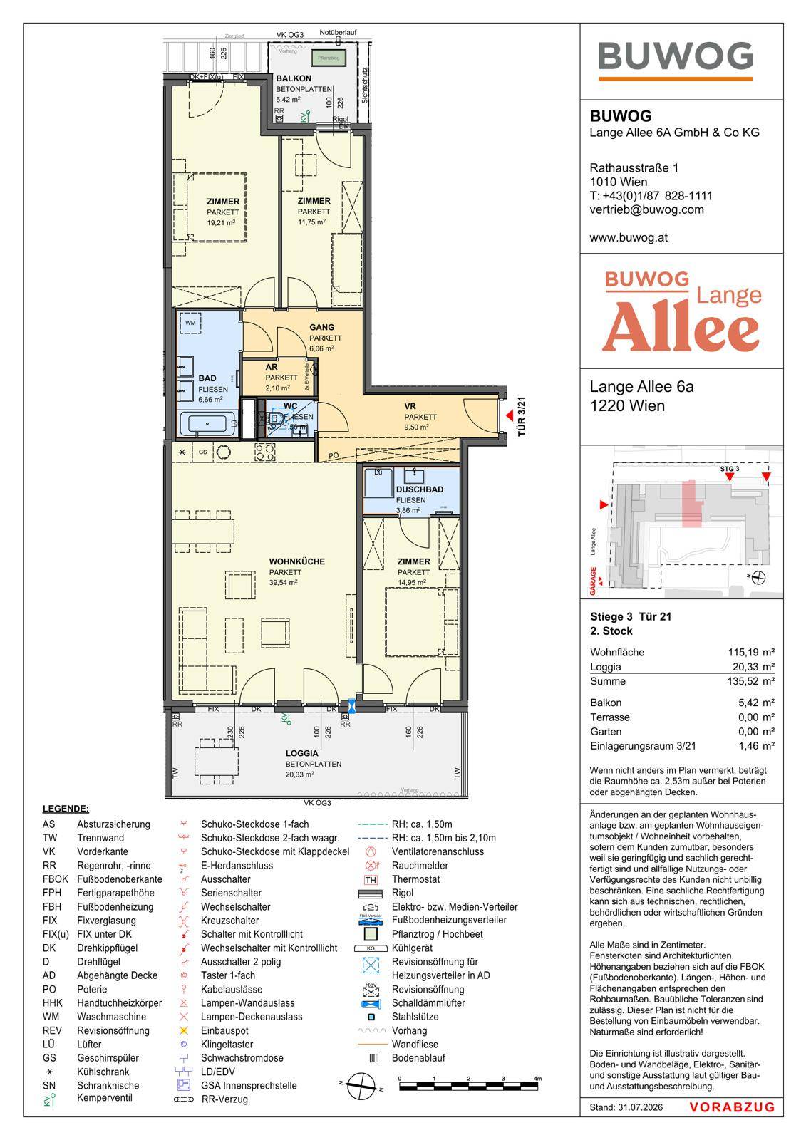 Dieser Grundriss zeigt eine Wohnung mit offener Wohnküche, zwei Bädern, separatem WC, drei Zimmern, Loggia und Balkon.