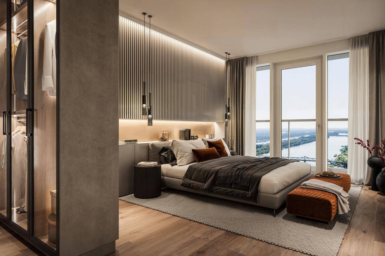 Elegantes Schlafzimmer mit Holzboden, Einbauschrank und großem Fenster mit Flussblick.