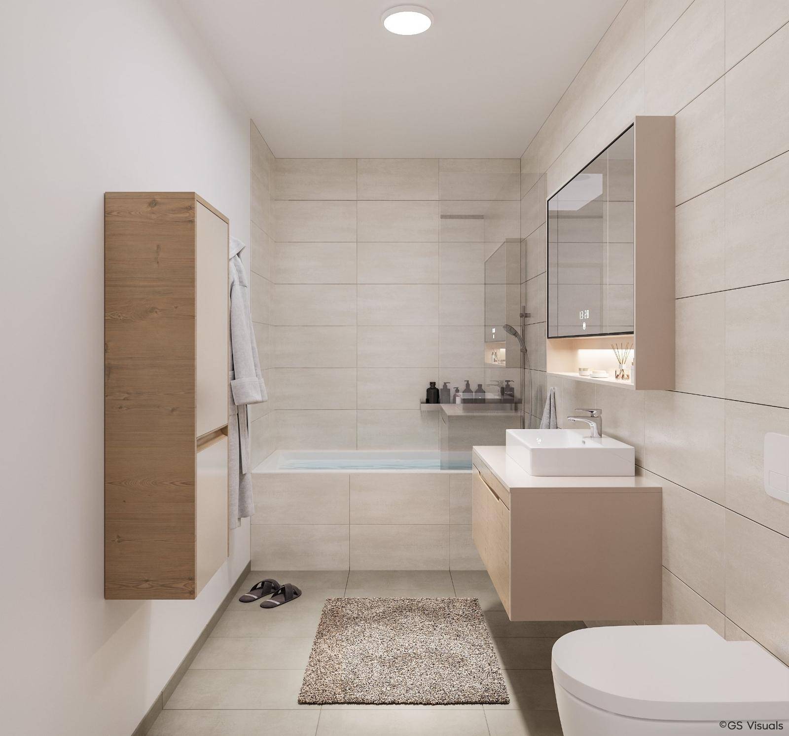 Modernes Badezimmer mit hellen Fliesen, Badewanne, Dusche und schwebendem Waschtisch.