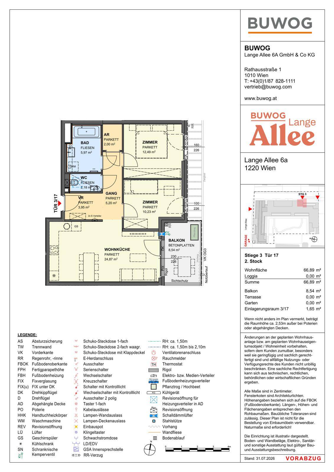 Grundriss einer Wohnung mit offener Wohnküche, zwei Schlafzimmern, Bad, separatem WC und Balkon.
