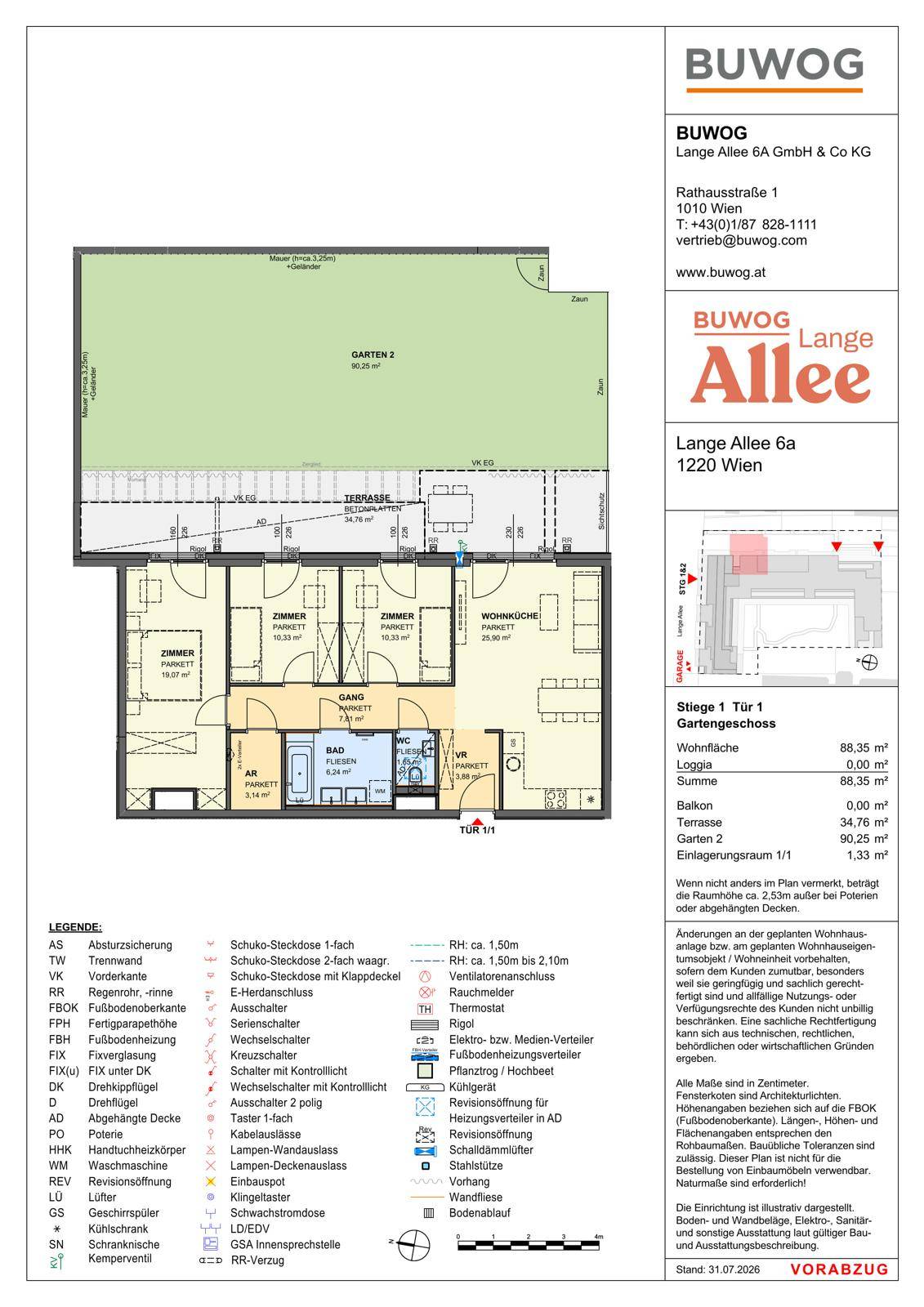 Detaillierter Grundriss einer Wohnung mit Gartenbereich und Legende der Raumaufteilung.