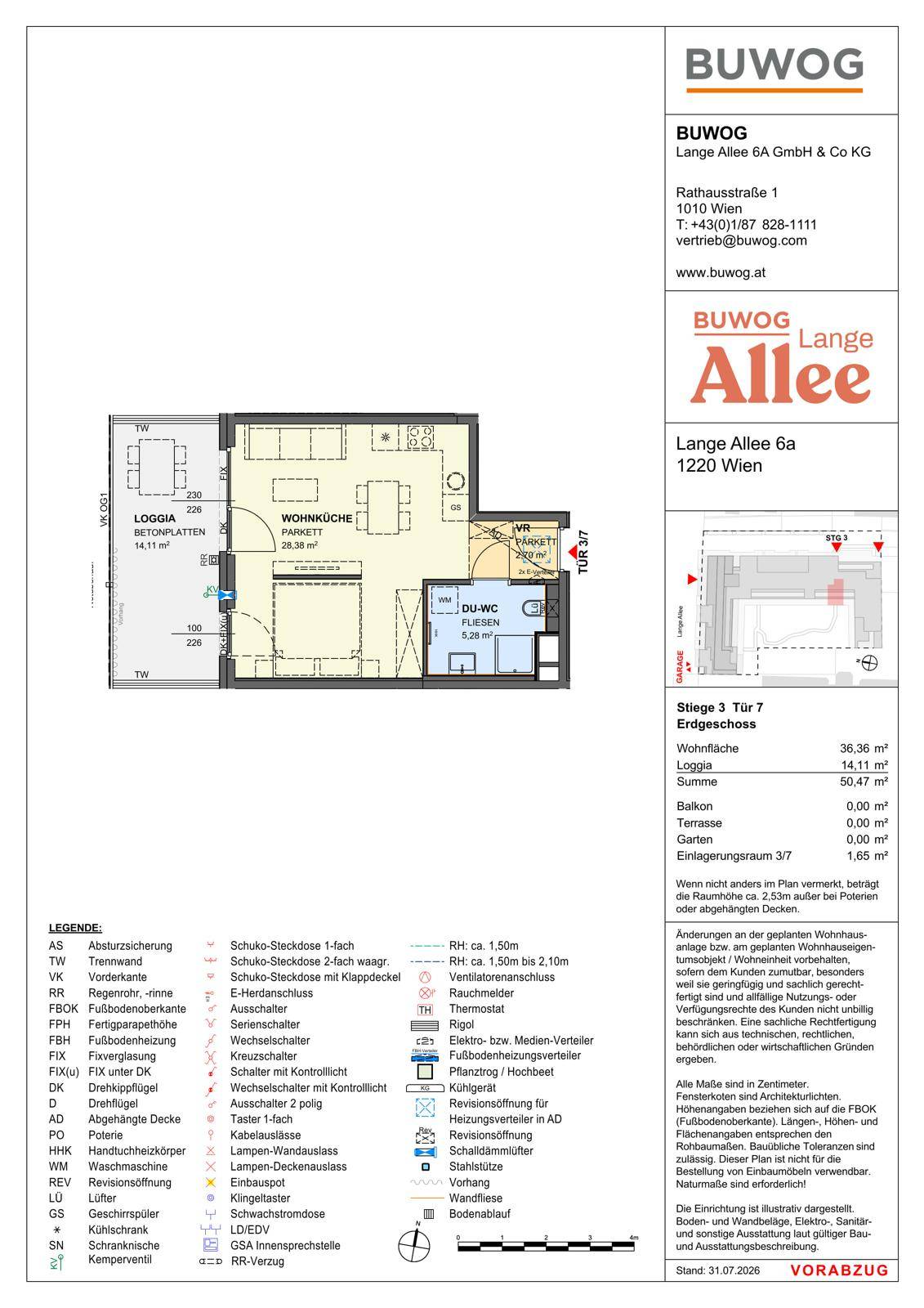 Grundriss einer Erdgeschosswohnung mit offener Wohnküche, einem Dusch-WC und einer großzügigen Loggia.