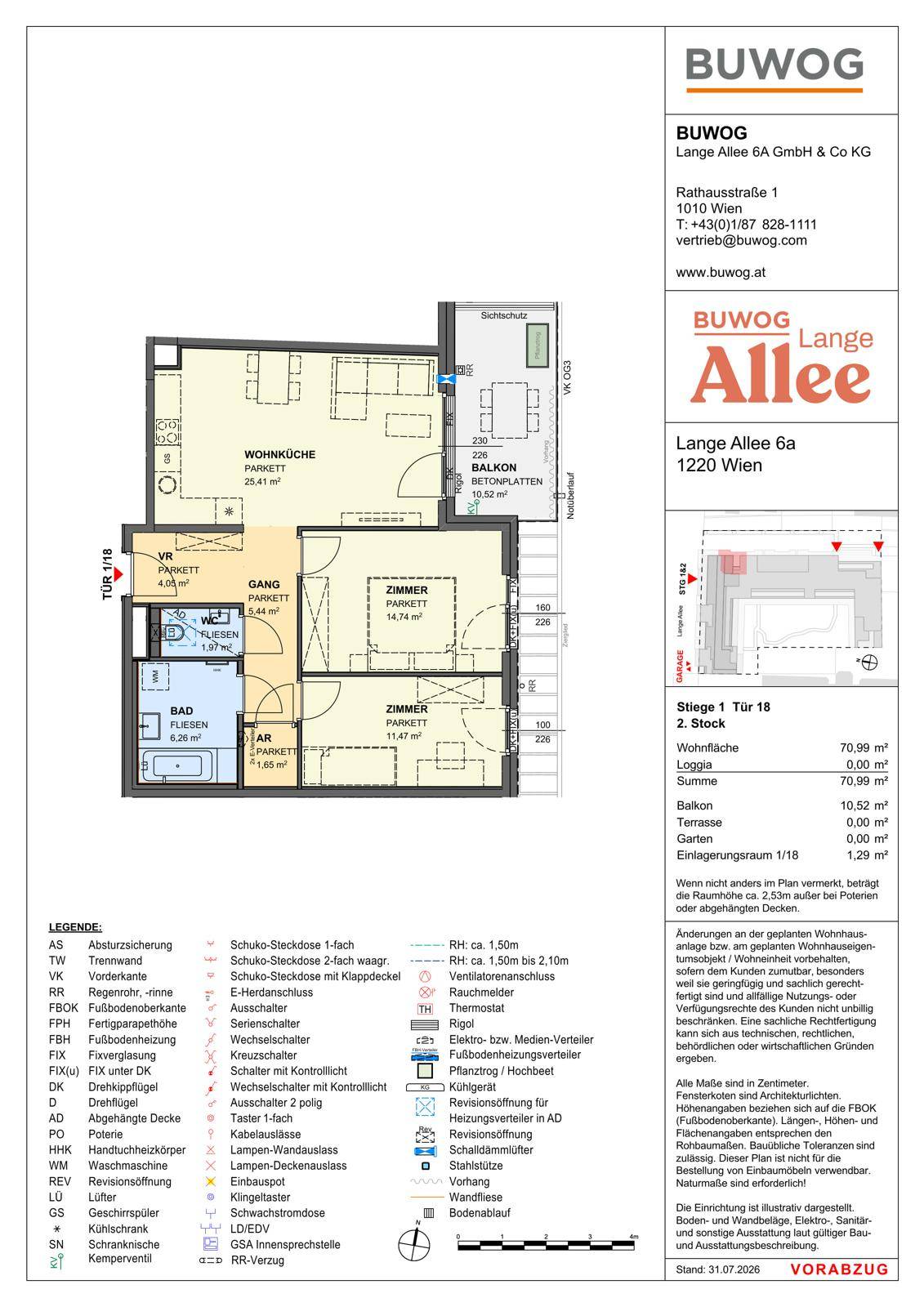 Grundriss einer Wohnung mit offener Wohnküche, zwei Zimmern, einem Badezimmer und einem Balkon.