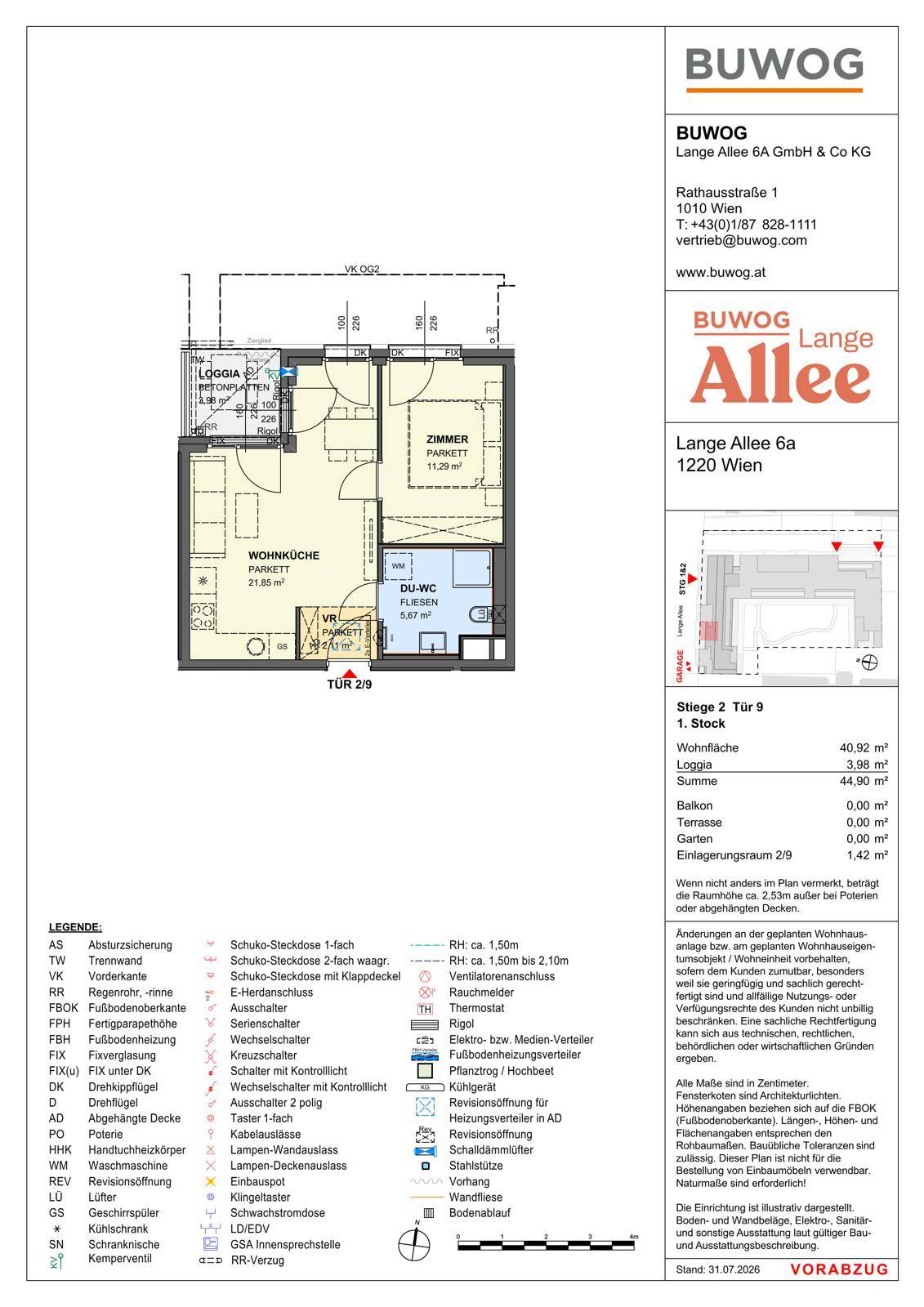Grundriss einer modernen Wohnung mit offener Wohnküche, einem Schlafzimmer und Loggia.