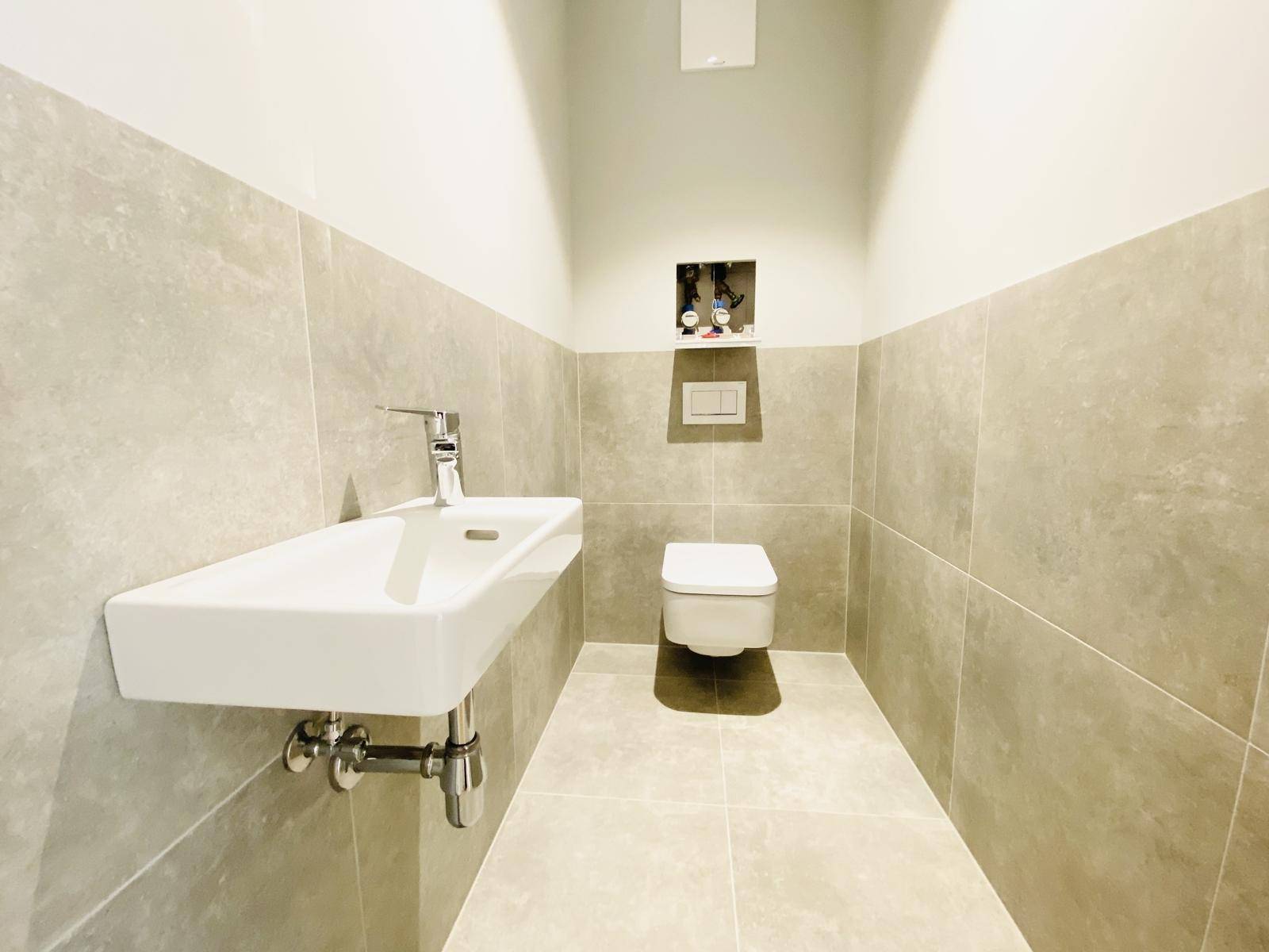 Modernes Gäste-WC mit Wand-WC, eleganten Fliesen und schwebendem Waschbecken.