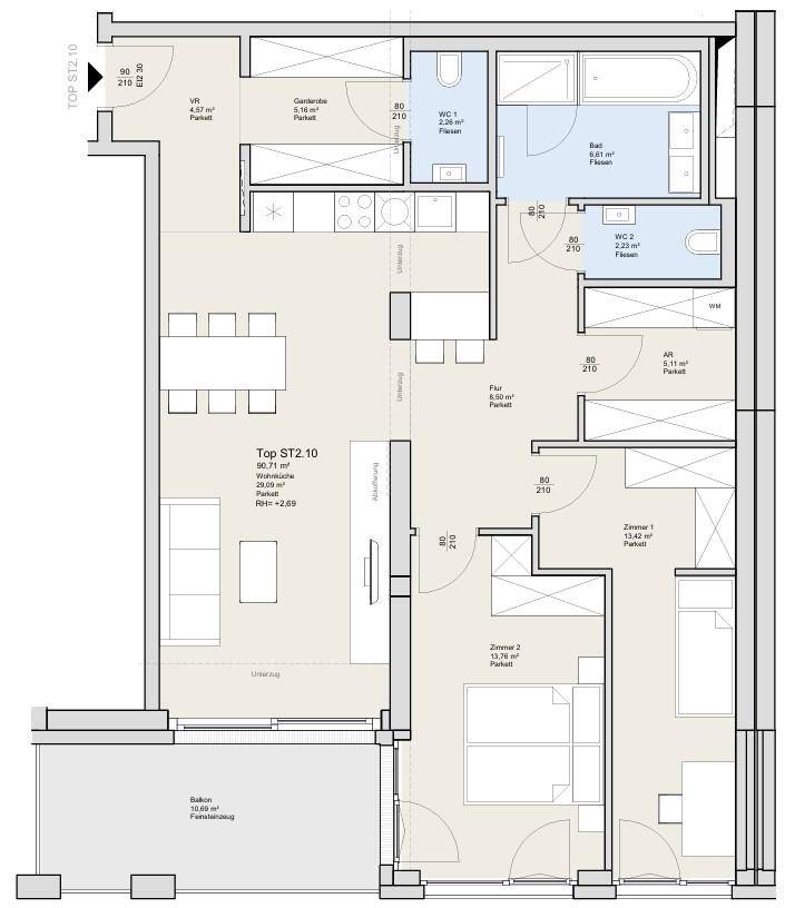Grundriss einer Wohnung mit drei Zimmern, zwei Bädern und Balkon.