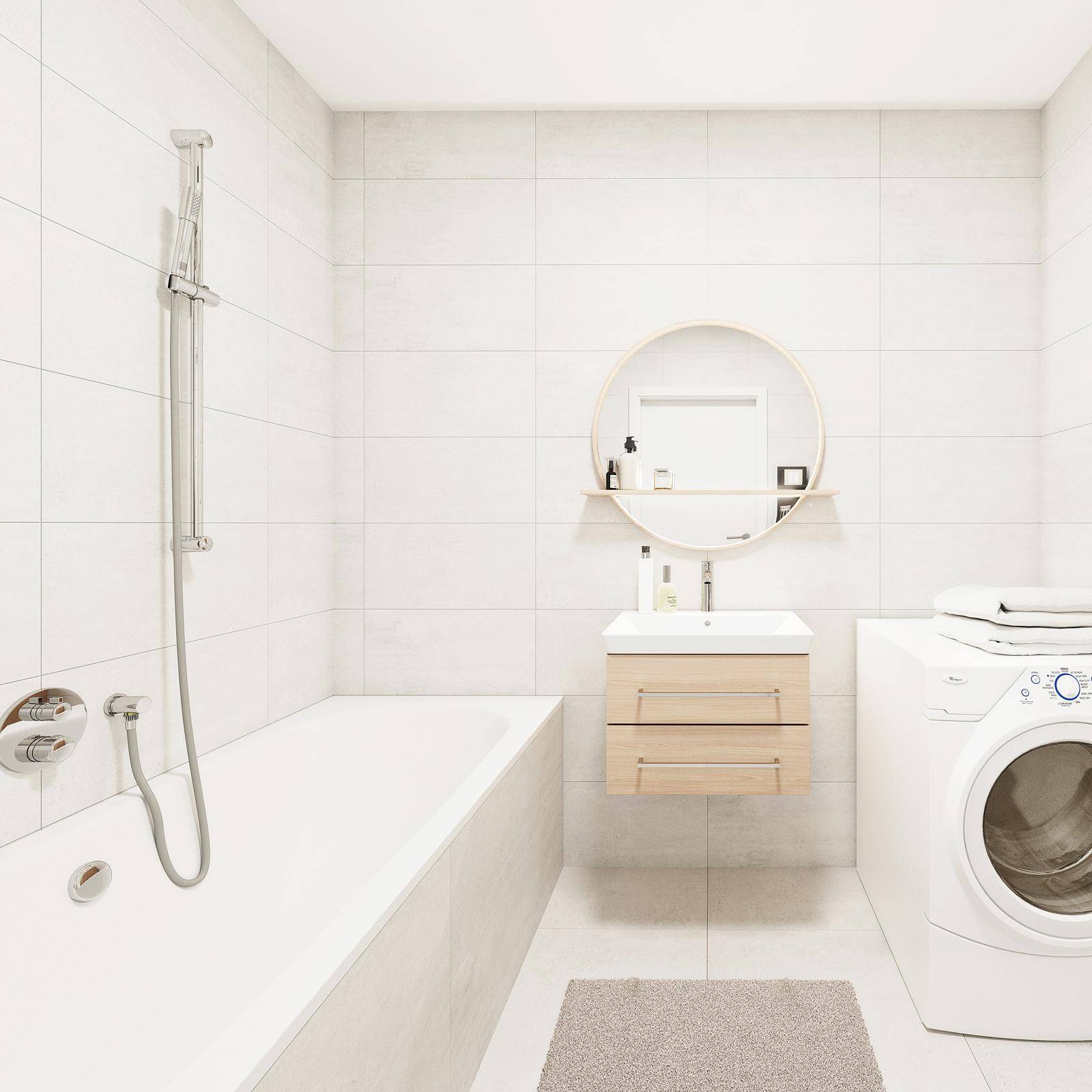 Modernes Badezimmer mit weißen Fliesen, Badewanne, Waschbecken und Waschmaschine.