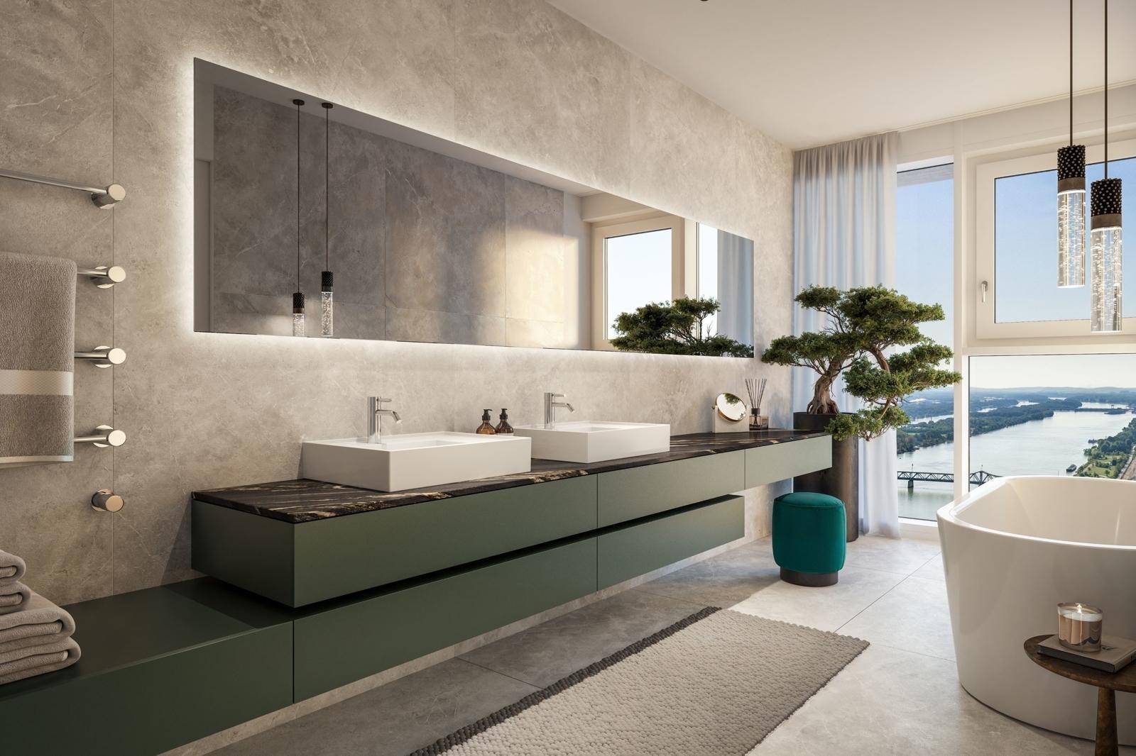 Modernes Badezimmer mit Doppelwaschbecken, freistehender Badewanne und Flussblick.