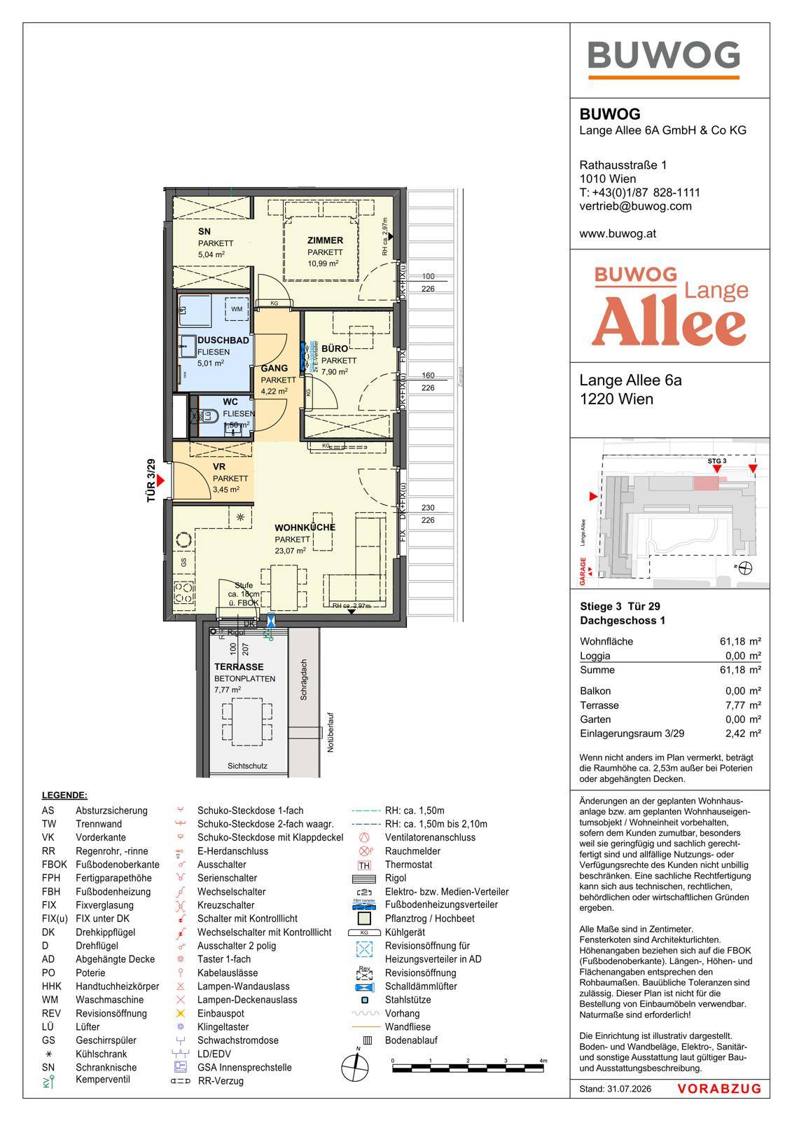 Grundrissplan einer Wohnung mit Wohnküche, Schlafzimmer, Büro, Duschbad und separatem WC sowie einer Terrasse.