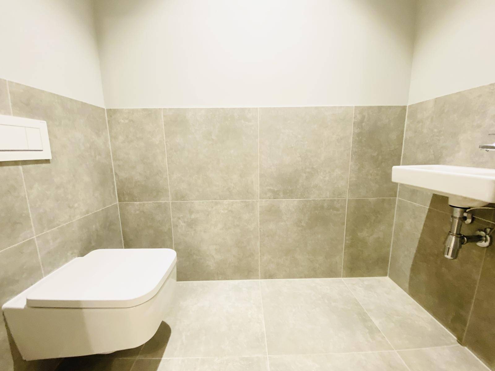 Modernes Gäste-WC mit Wand-WC, Waschbecken und grauen Fliesen.
