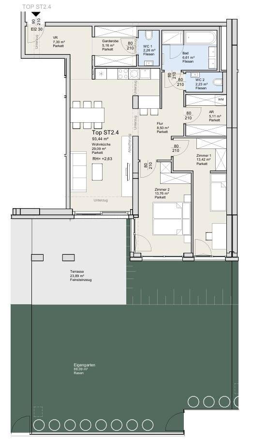 Detaillierter Grundriss einer Wohnung mit drei Zimmern, Terrasse und eigenem Garten.
