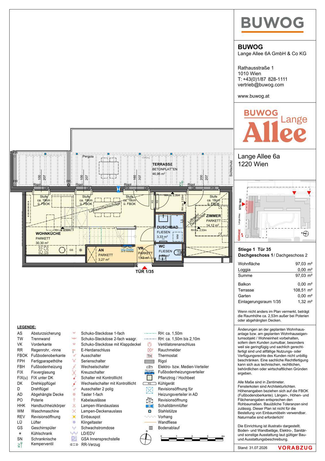 Grundriss einer Etage mit großzügiger Terrasse, Wohnküche, Schlafzimmer und Badezimmer.