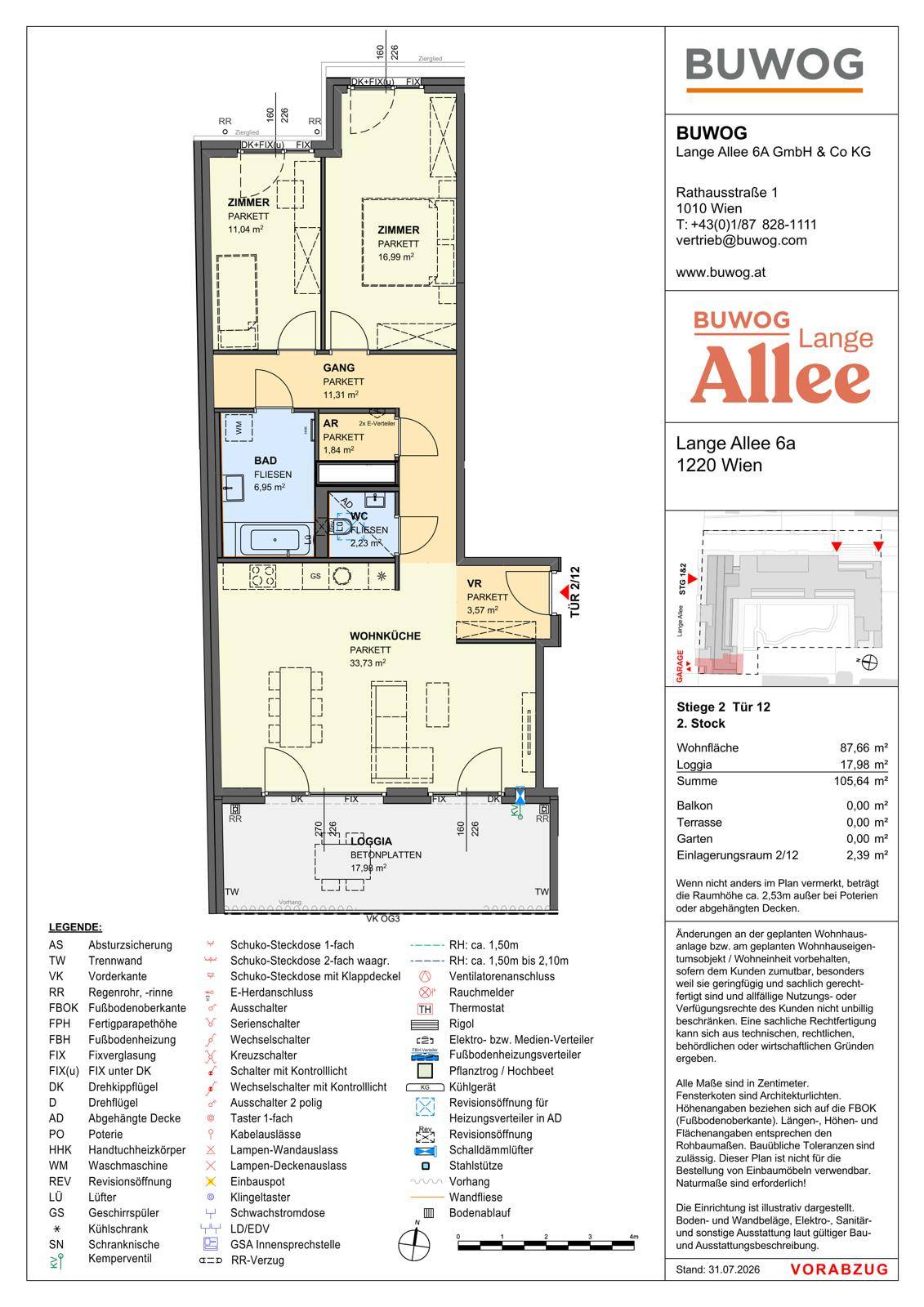Grundriss einer Wohnung mit offener Wohnküche, zwei Schlafzimmern, Bad, separatem WC und einer großzügigen Loggia.