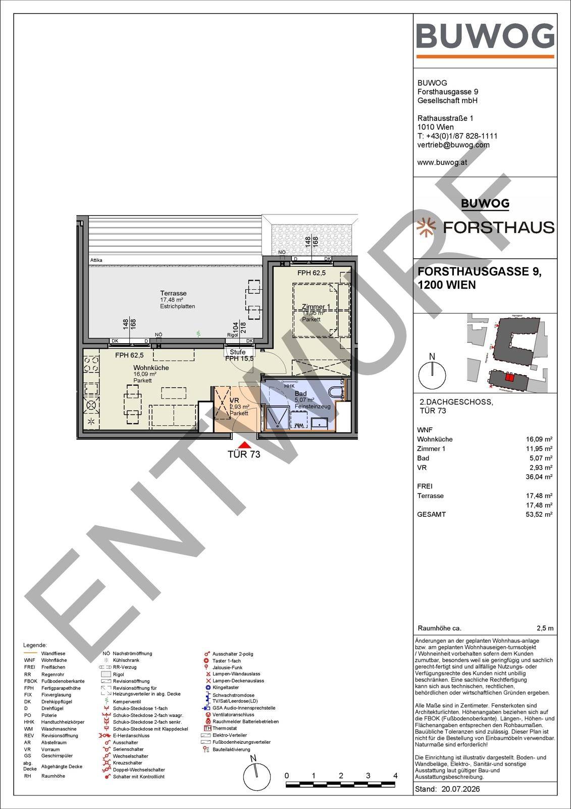 Grundriss einer Dachgeschosswohnung mit Wohnküche, Schlafzimmer, Bad und großer Terrasse.