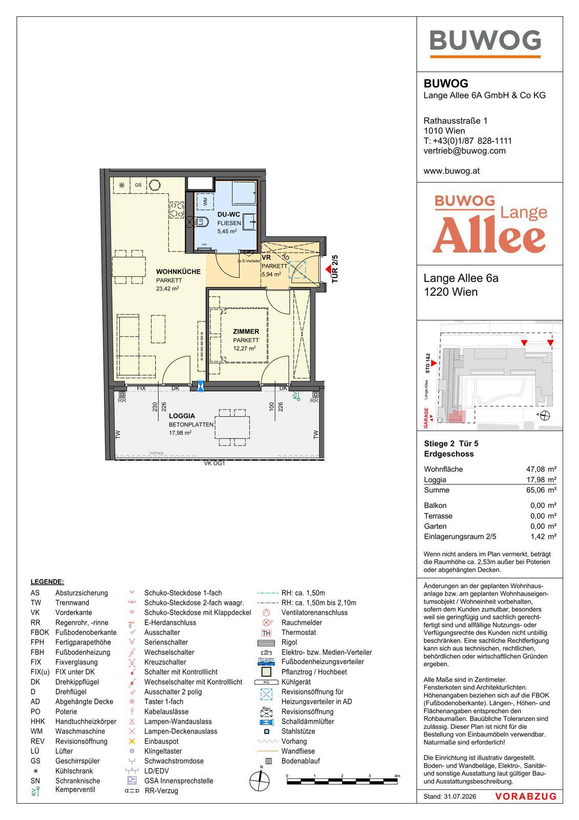Grundriss einer modernen Erdgeschosswohnung mit offener Wohnküche, einem Schlafzimmer und einer geräumigen Loggia.