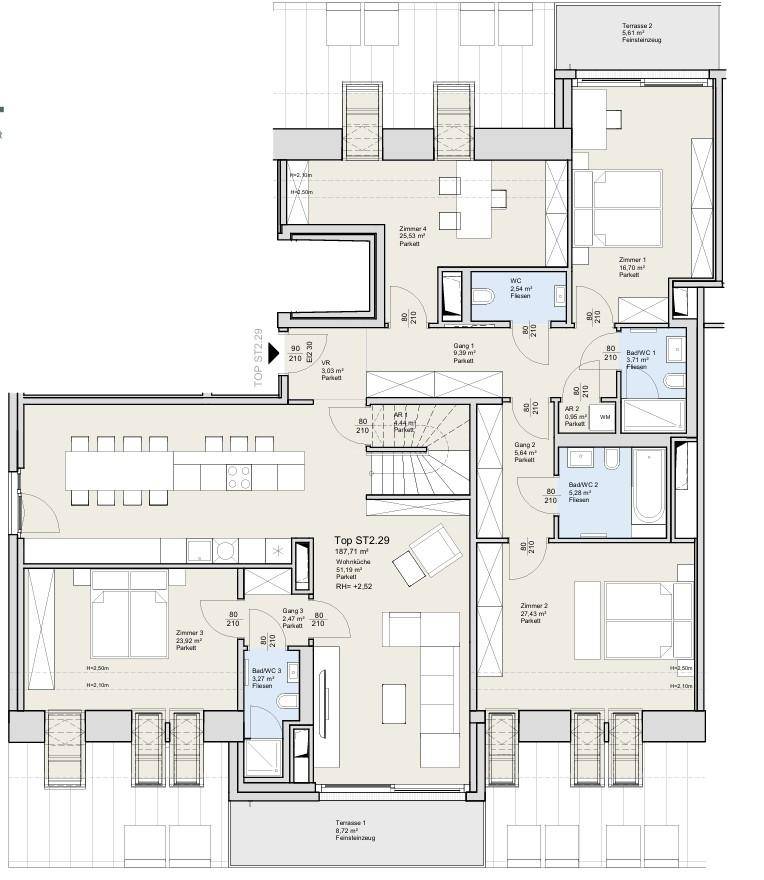 Grundriss der Dachgeschossebene mit großer Terrasse und offenem Wohnbereich.