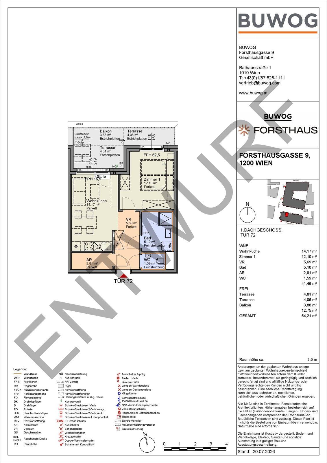 Detaillierter Grundriss einer Wohnung im Dachgeschoss mit Balkon und Terrasse.