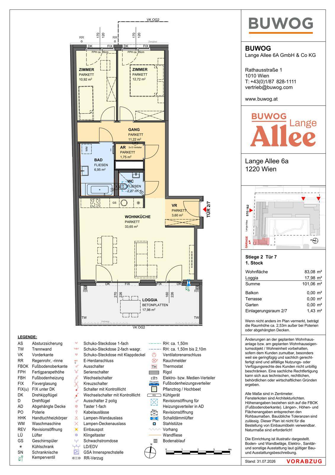 Grundriss einer Wohnung mit zwei Schlafzimmern, offener Wohnküche, Bad, separatem WC und einer Loggia.