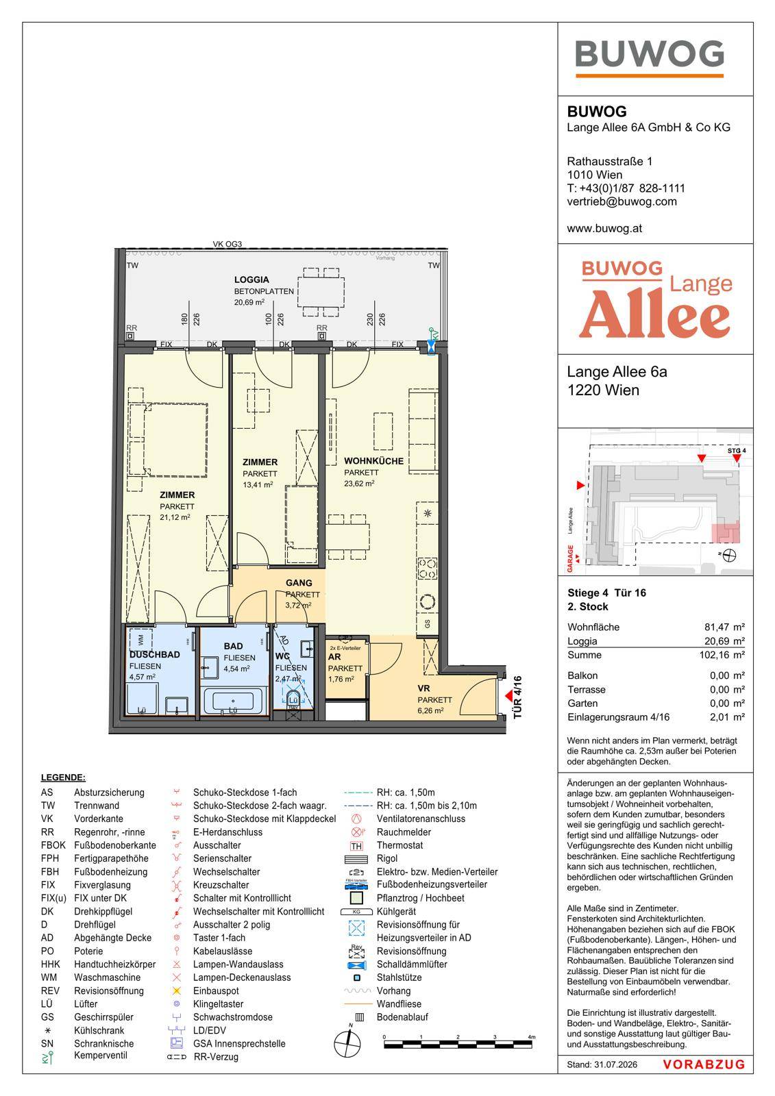 Detaillierter Grundriss einer Wohnung im 2. Stock mit Loggia und klar definierten Wohnbereichen.