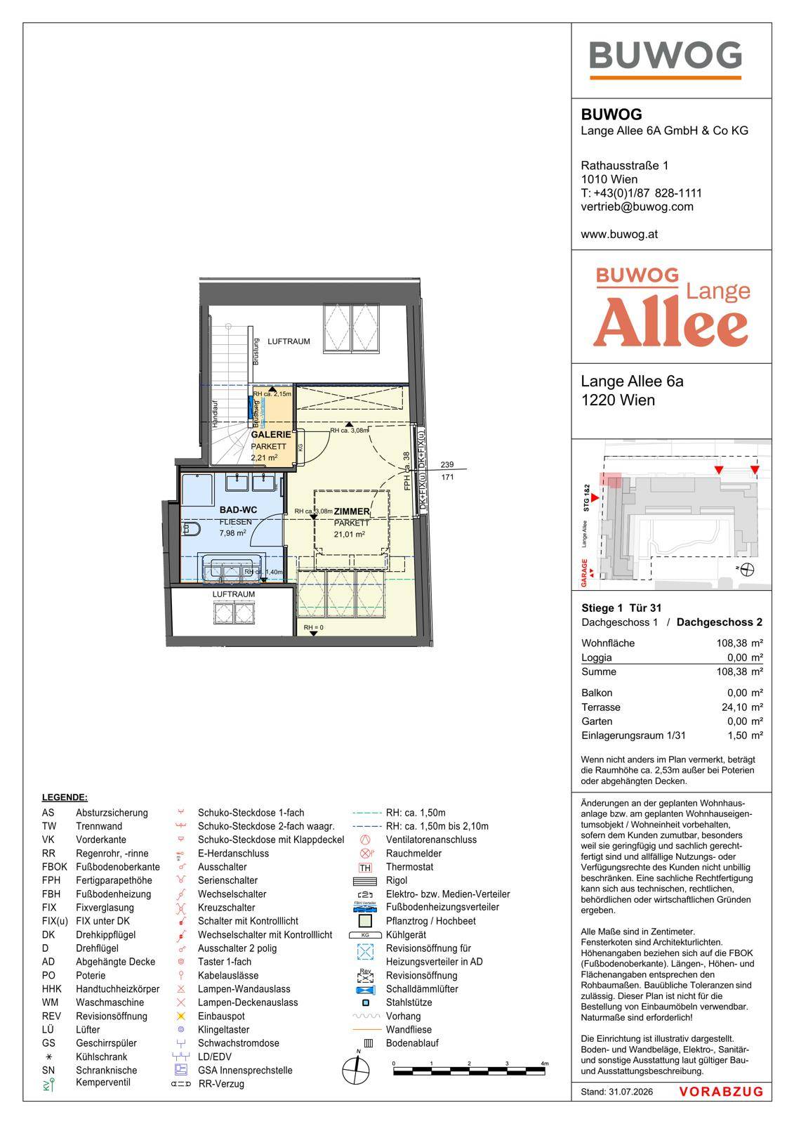 Grundriss einer Dachgeschosswohnung mit Wohnbereich, Schlafzimmer, Bad, Loggia und Terrasse.