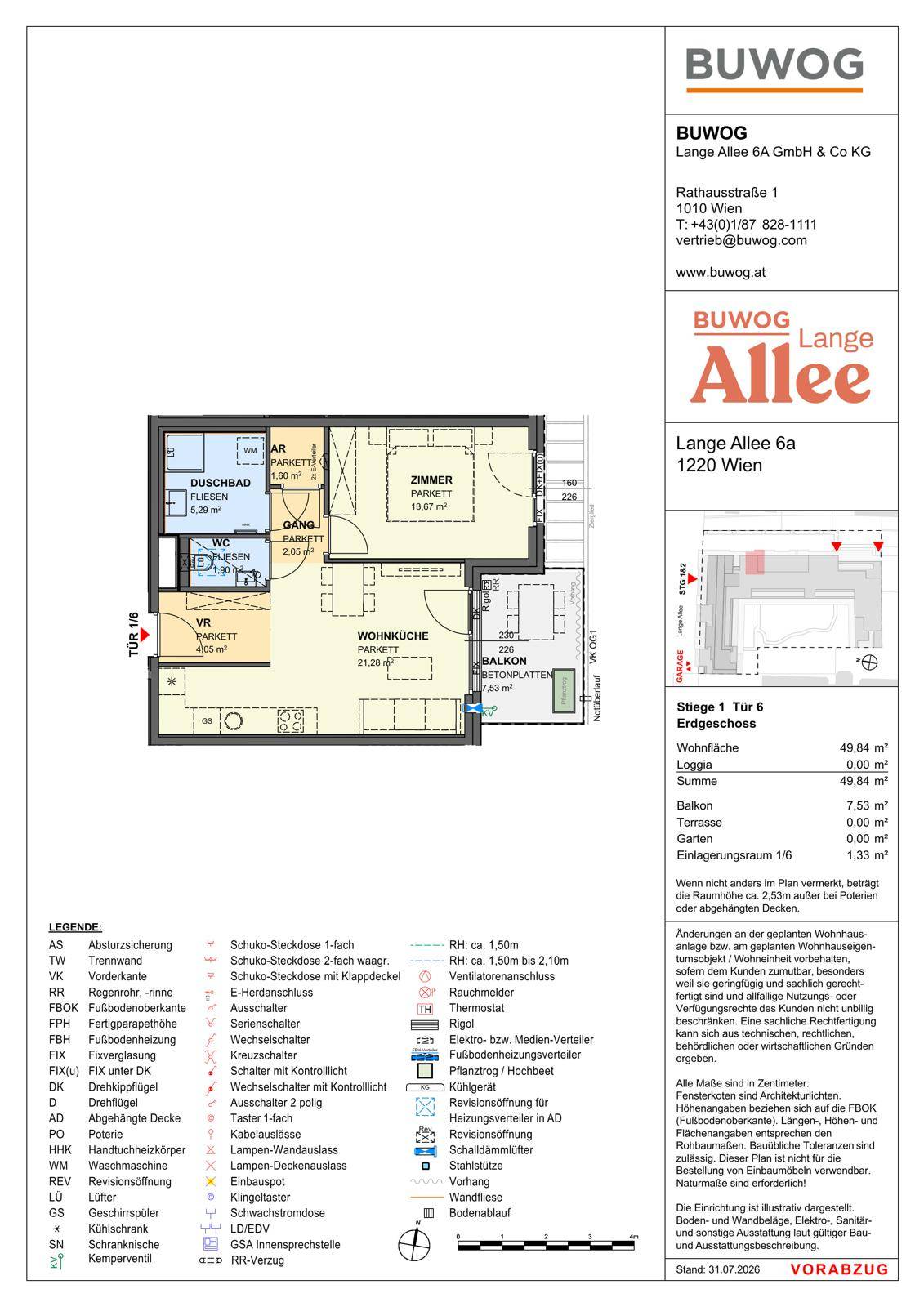 Grundriss einer Wohnung mit Wohnküche, Schlafzimmer, Bad und Balkon.