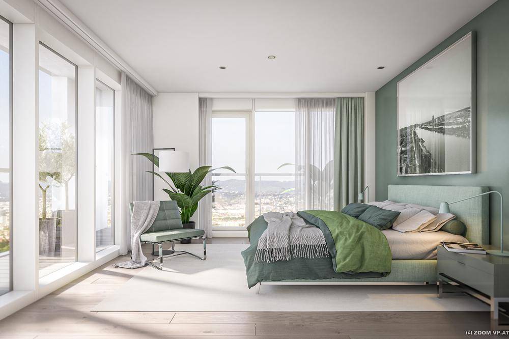 Modernes Schlafzimmer mit großen Fenstern, hellem Parkettboden und Blick auf die Stadt.