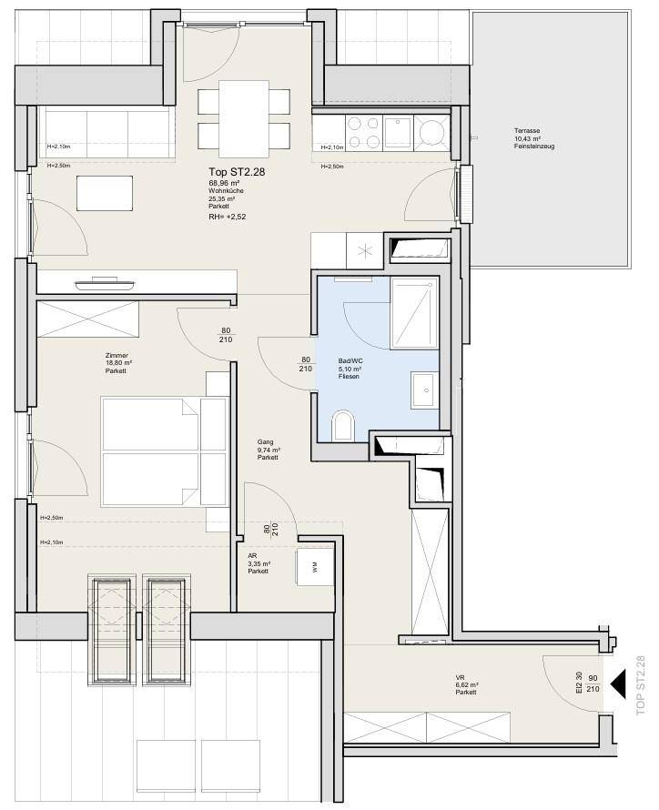 Grundriss der Wohnung Top ST2.28 mit Terrasse und offenem Wohnbereich.