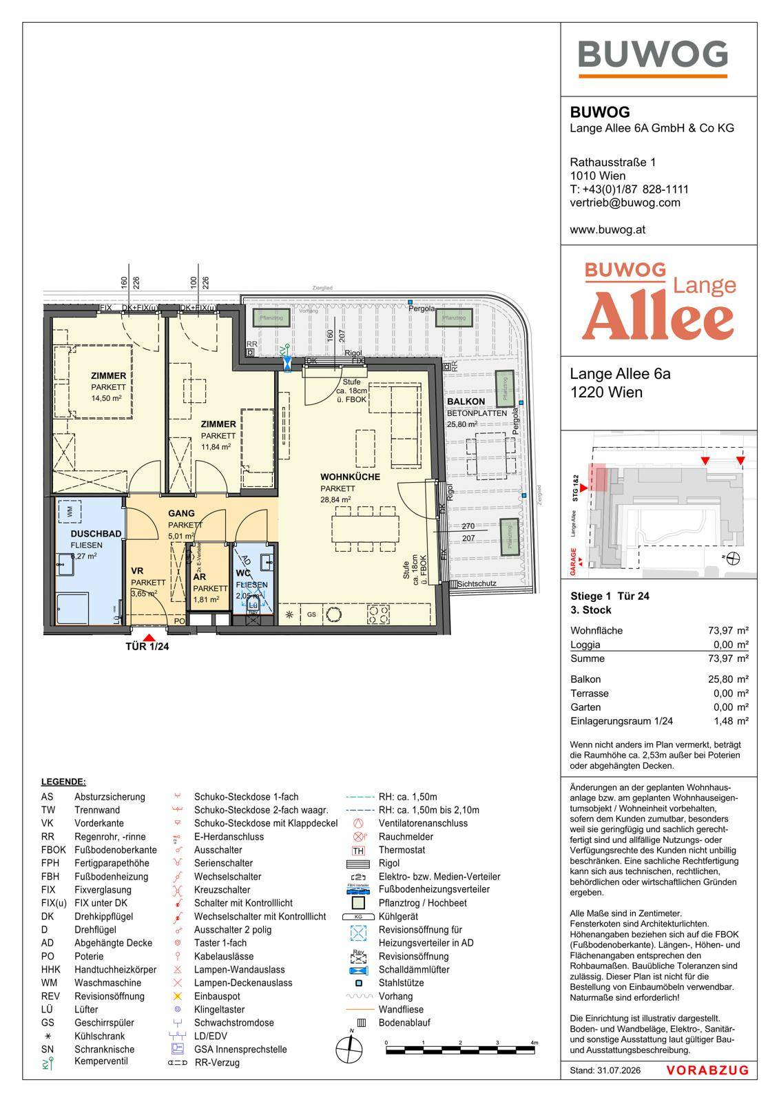 Grundriss einer Wohnung mit zwei Zimmern, einem offenen Wohn-Essbereich, Bad, separatem WC und großem Balkon.