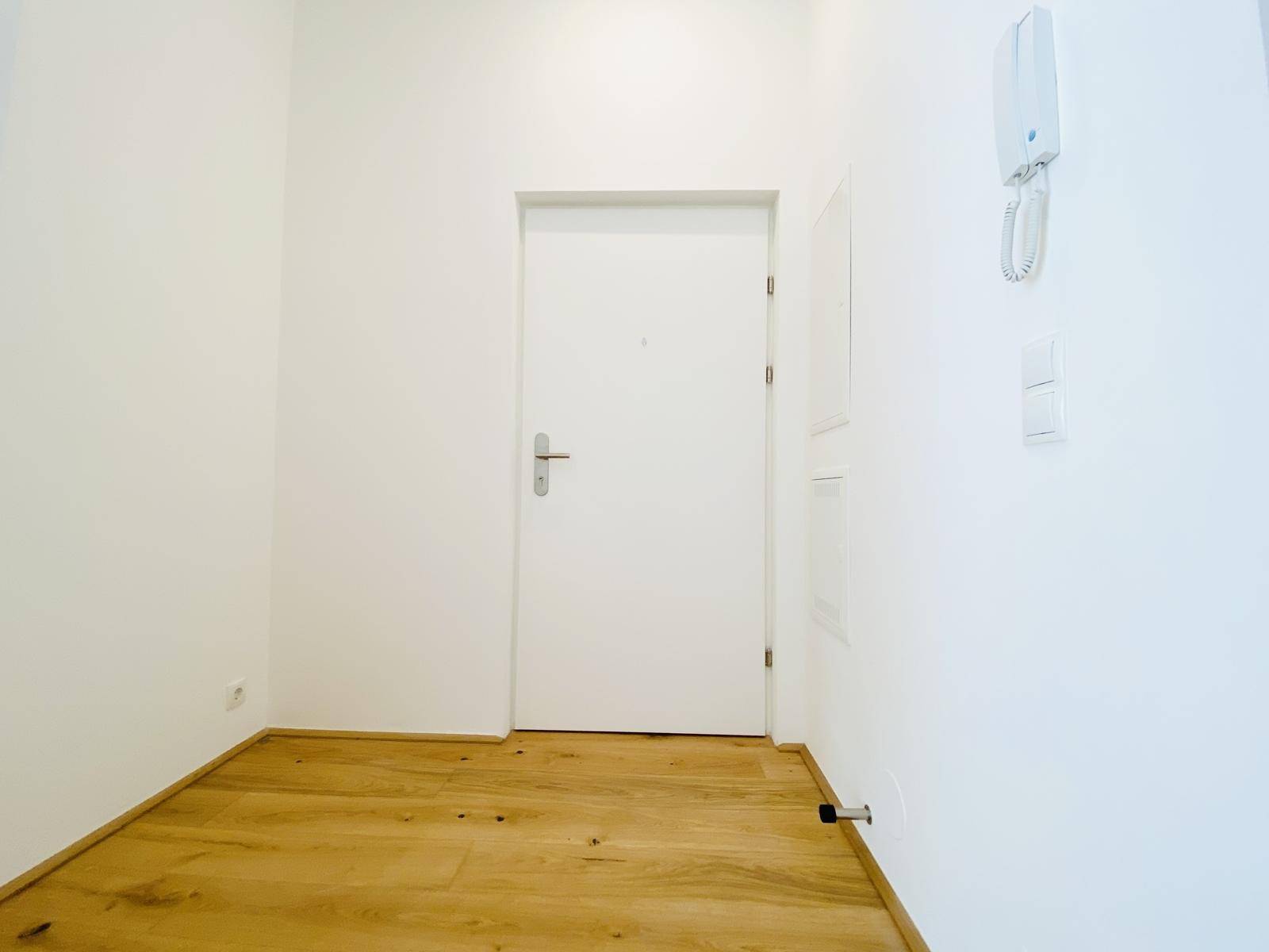 Heller Eingangsbereich der Wohnung mit Holzboden und weißer Tür.