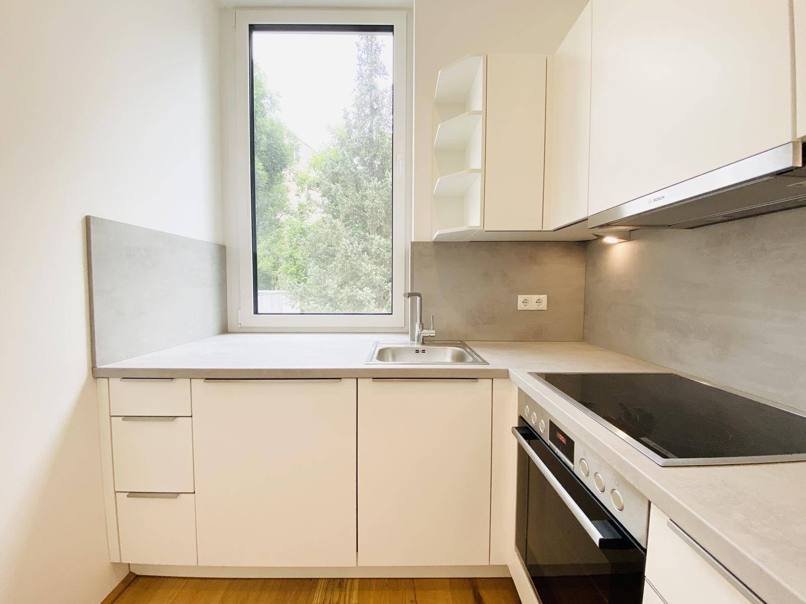 Detailansicht der modernen Küche mit Spüle, Arbeitsplatte und Fenster mit Blick ins Grüne.