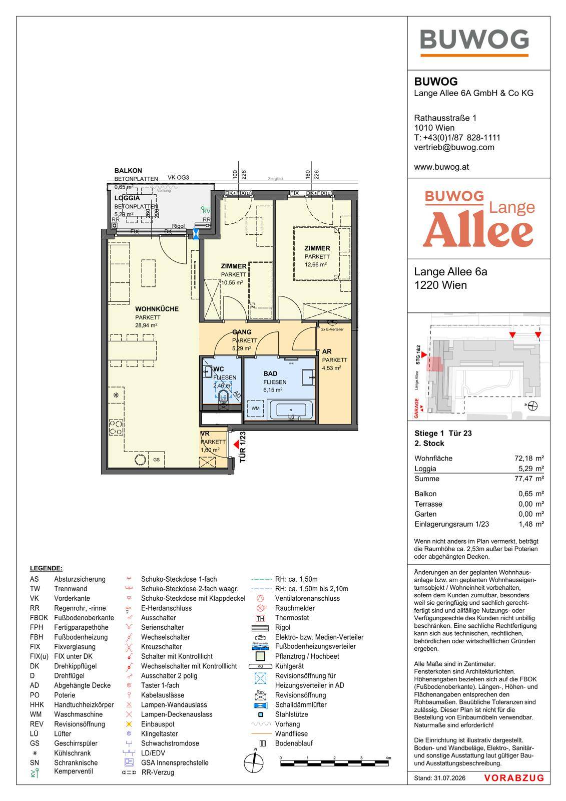 Grundriss einer Wohnung mit offener Wohnküche, zwei Schlafzimmern, Bad, separatem WC, Loggia und Balkon.