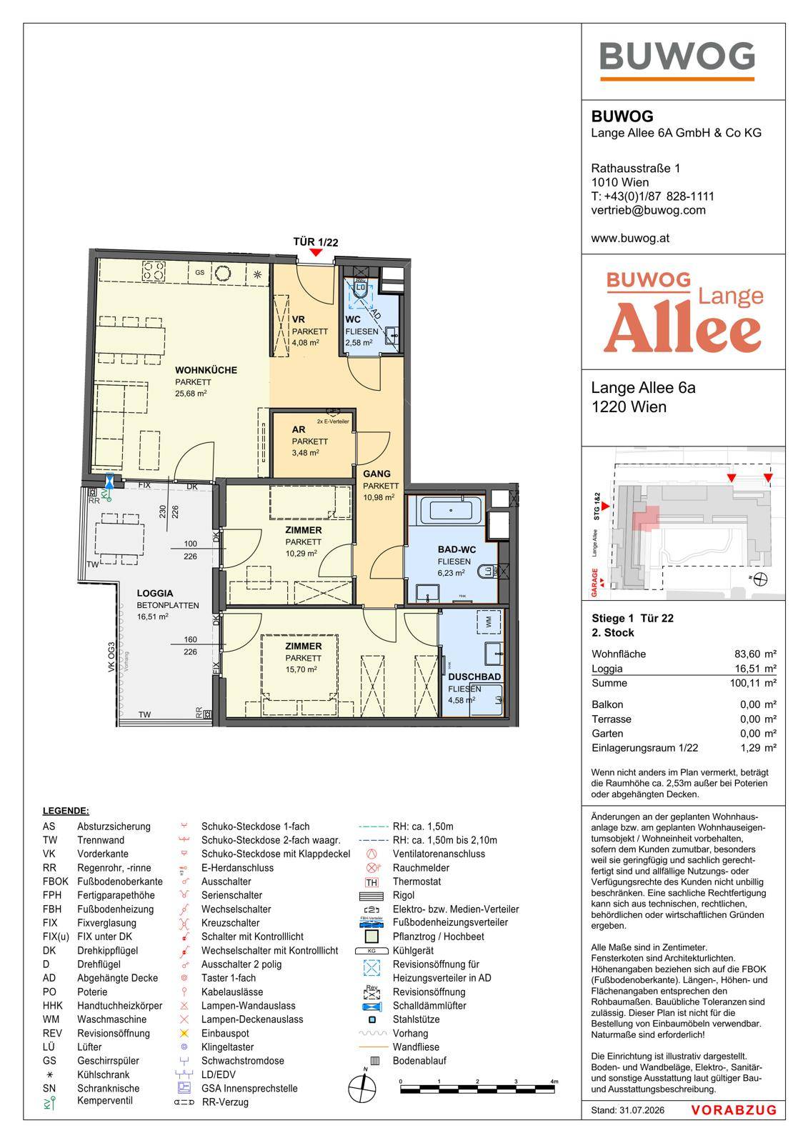 Detaillierter Grundriss einer modernen Wohnung mit offener Wohnküche, zwei Schlafzimmern, zwei Bädern und einer Loggia.