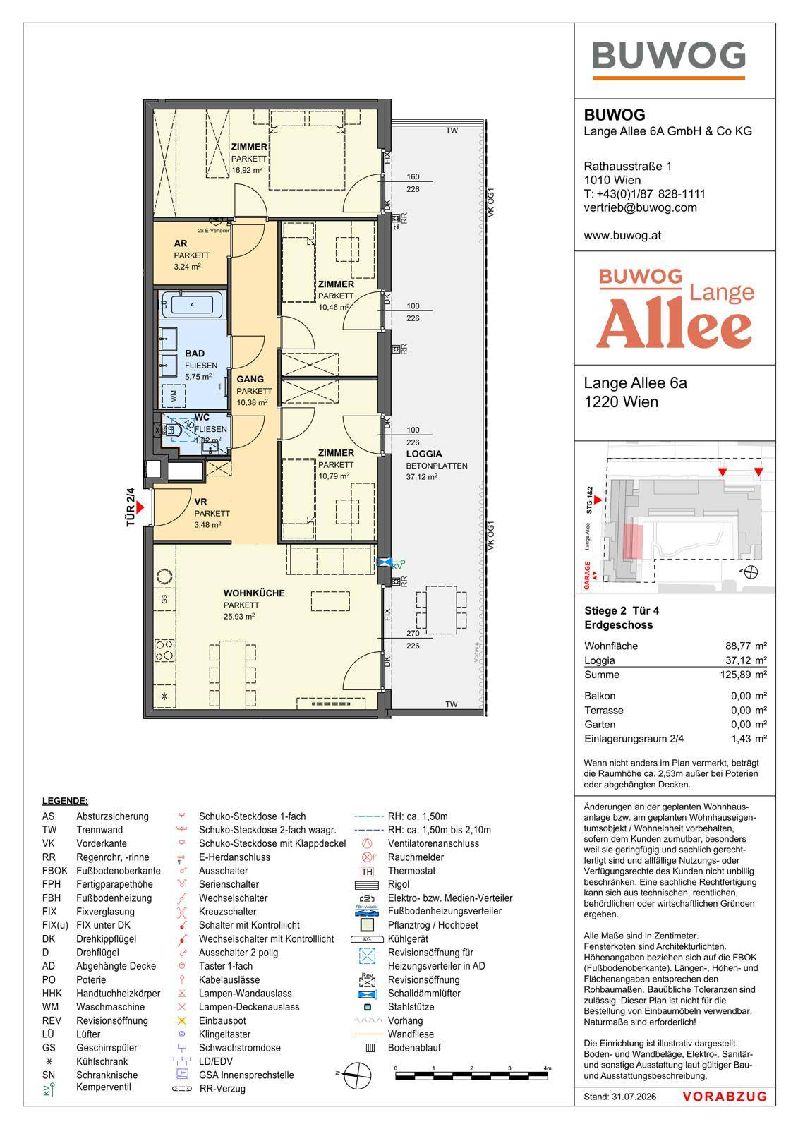 Grundriss einer Wohnung mit offener Wohnküche, drei Zimmern, Bad, separatem WC und einer Loggia.