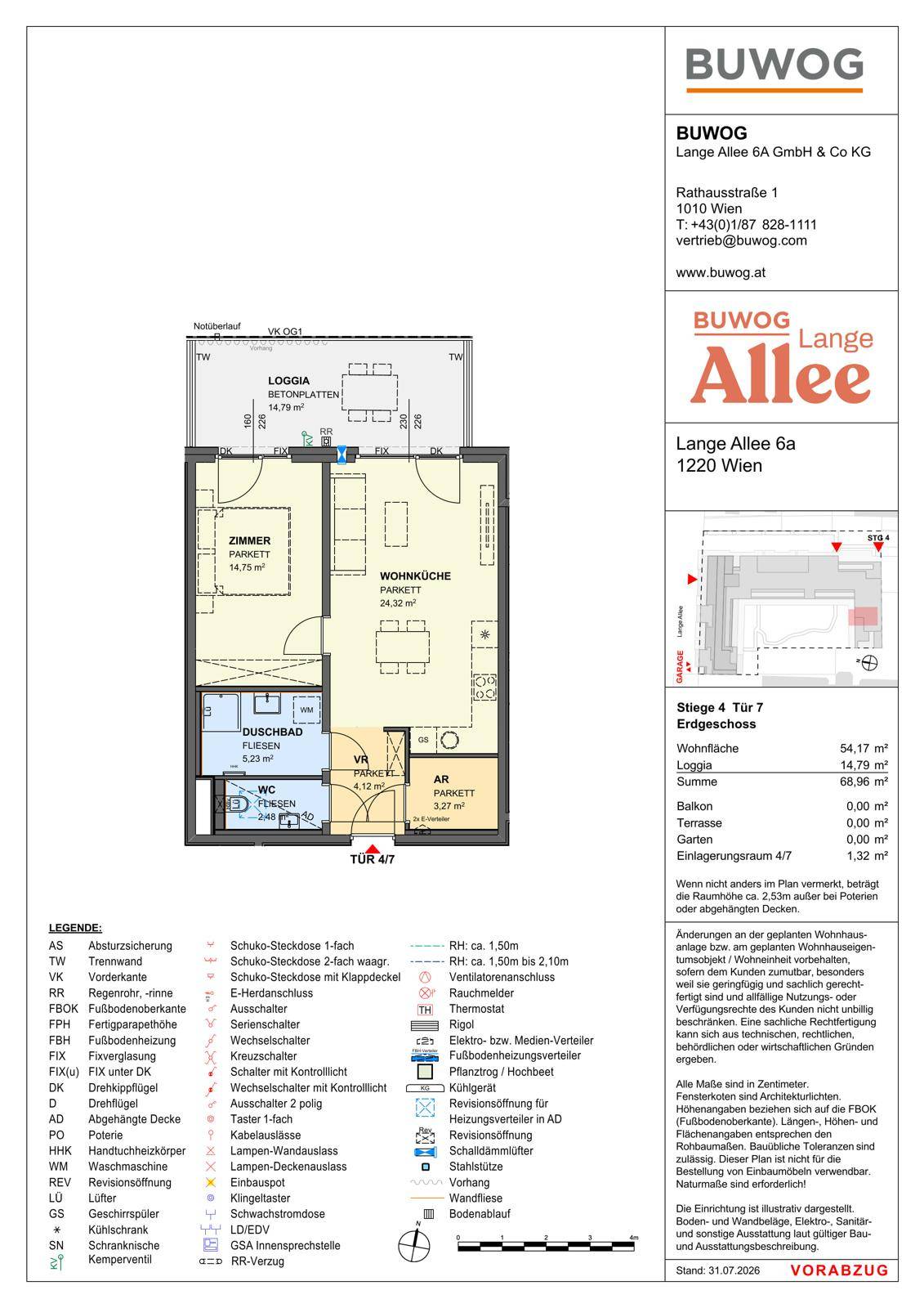 Grundriss einer modernen Wohnung mit offener Wohnküche, einem Schlafzimmer, Bad, separatem WC und Loggia.