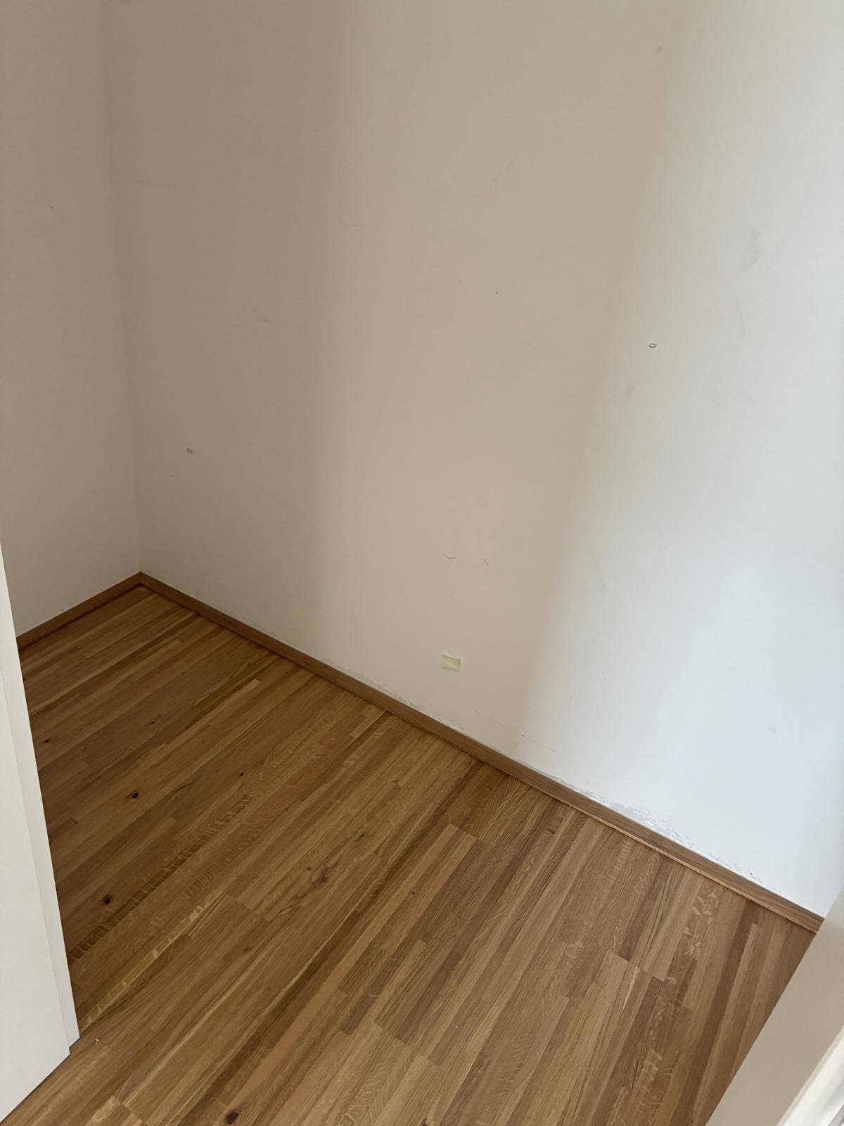 Kleiner Raum mit hellem Holzboden und weißen Wänden, ideal als Abstellraum oder Speisekammer.