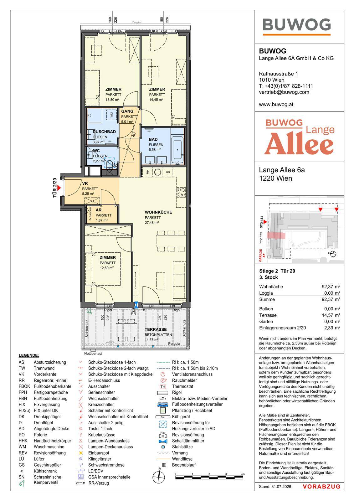 Detaillierter Grundriss einer 3-Zimmer-Wohnung im 3. Stock mit offener Wohnküche, zwei Bädern und großer Terrasse mit Pergola.