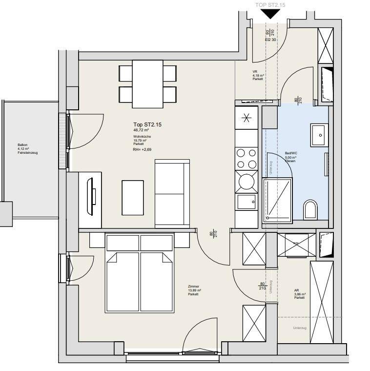 Grundriss einer Wohnung mit Balkon, Wohnküche, Schlafzimmer und Badezimmer.