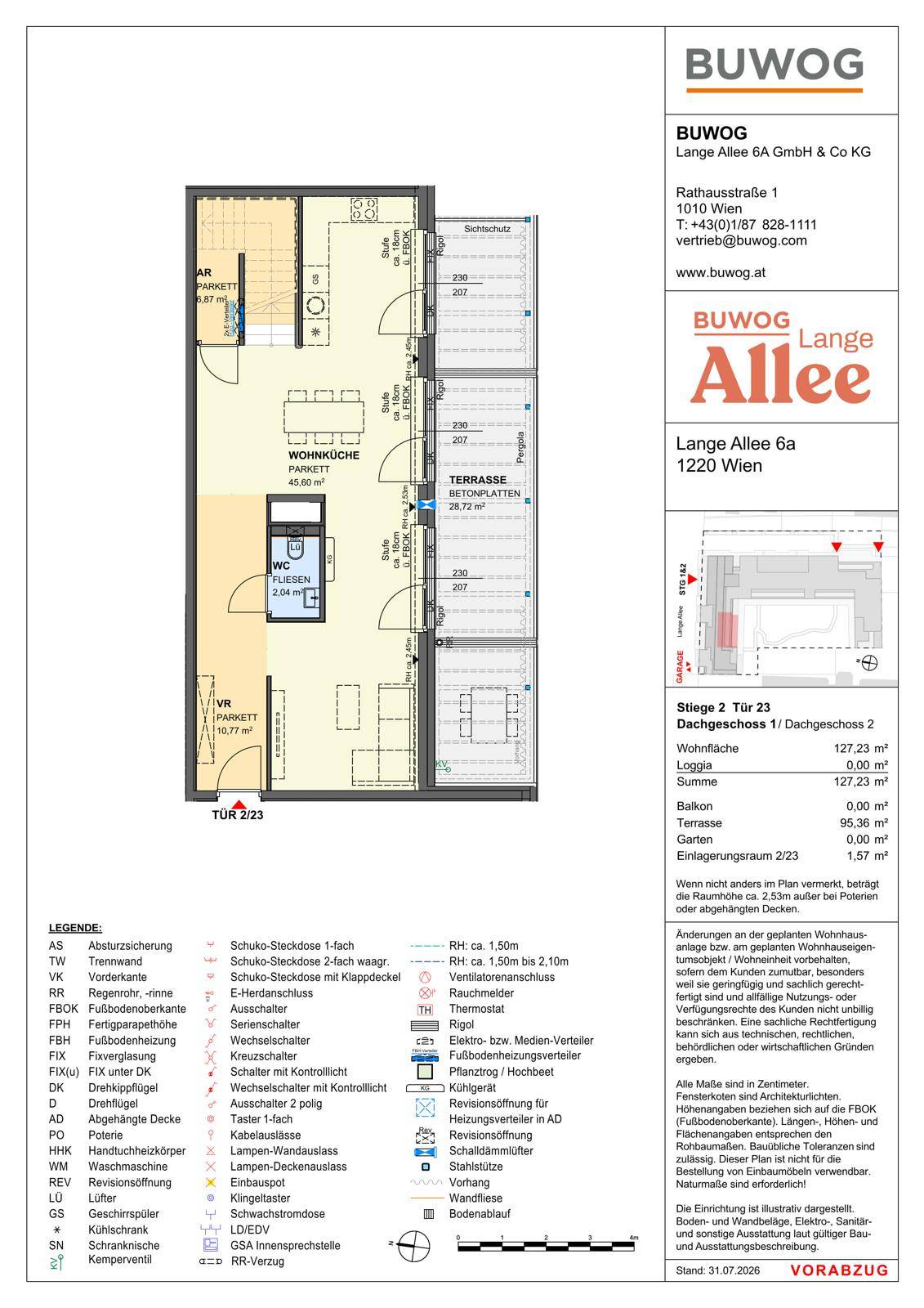 Grundriss einer Wohnung mit offener Wohnküche, Terrasse und separatem WC.