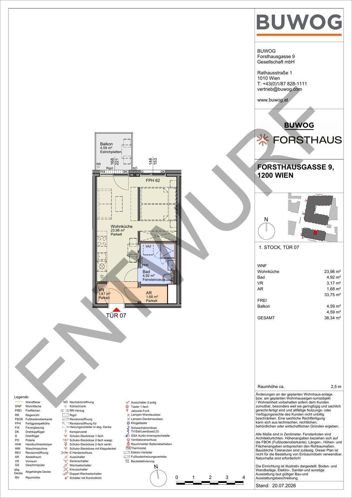 Grundriss einer kleinen Wohnung mit Wohnküche, Bad, Abstellraum und Balkon.