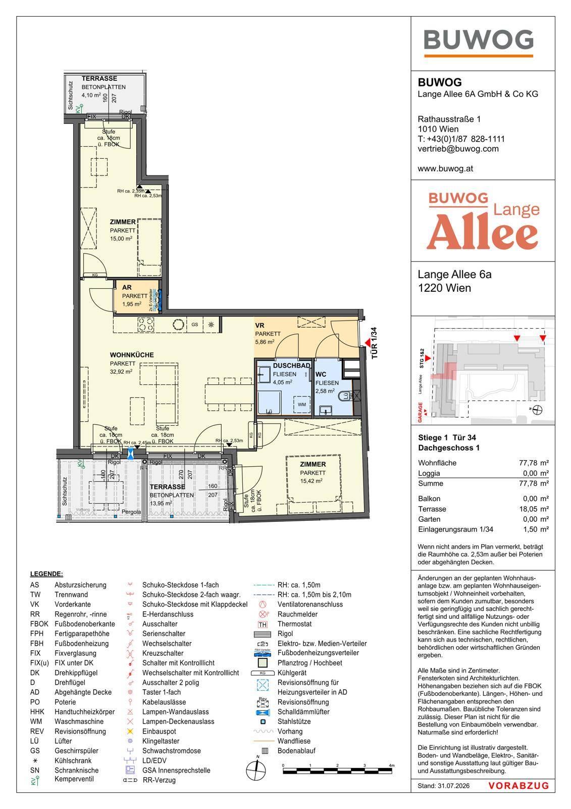 Detaillierter Grundriss einer Wohnung mit offener Wohnküche, zwei Zimmern, Duschbad, separatem WC und großer Terrasse mit Pergola.