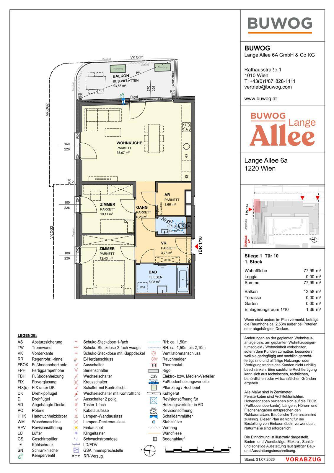 Grundriss einer Wohnung mit offenem Wohn-Essbereich, zwei Schlafzimmern, Bad, separatem WC und Balkon.