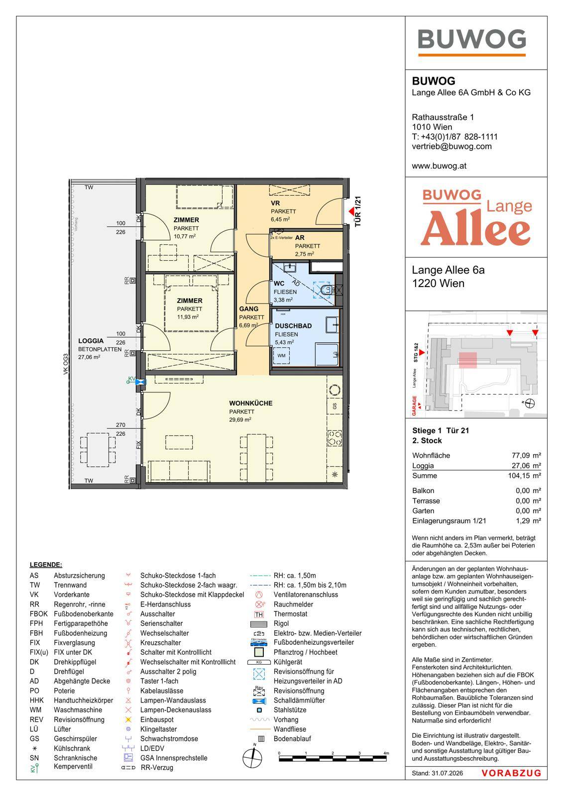 Grundriss einer Wohnung mit offener Wohnküche, zwei Schlafzimmern, Duschbad, separatem WC und einer Loggia.